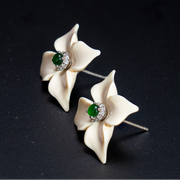 Lucky Flower Mammoth Ivory Green Jade Earrings