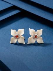 Lucky Flower Mammoth Ivory Red Jade Earrings