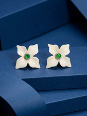 Lucky Flower Mammoth Ivory Green Jade Earrings