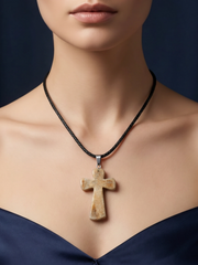 Cross-shaped irregular permafrost mammoth ivory leather cord necklace